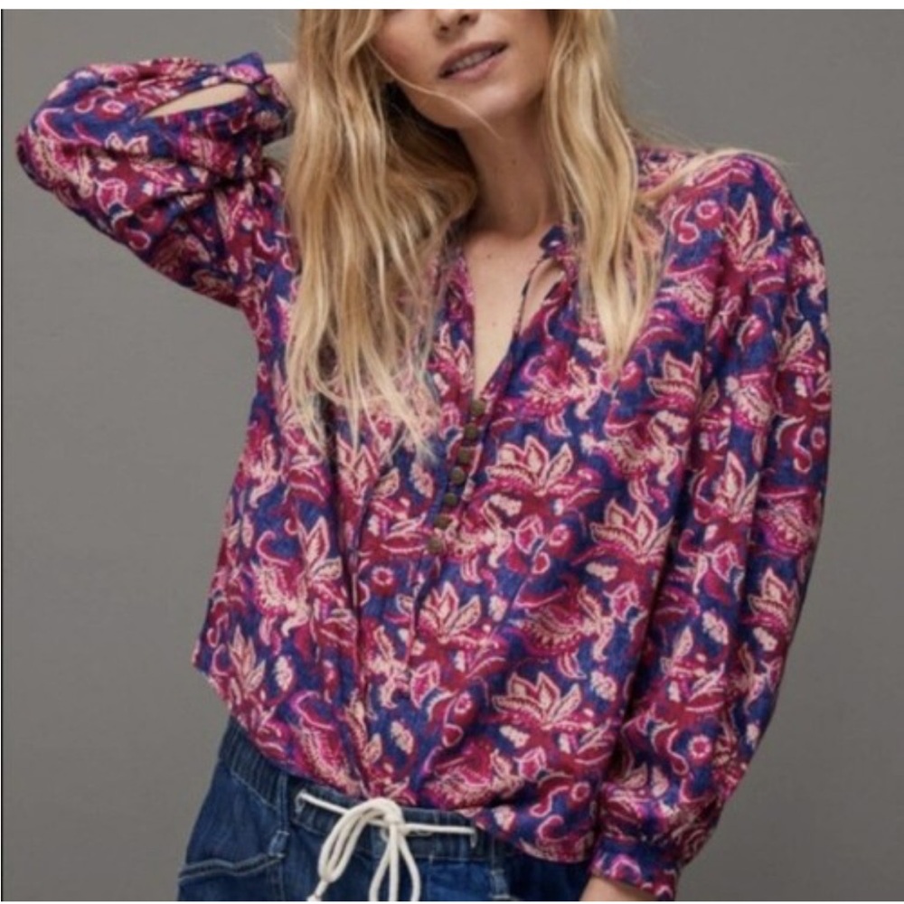 Anthropologie Pilcro Lucille Peasant Blouse Floral Blue Pink Small
